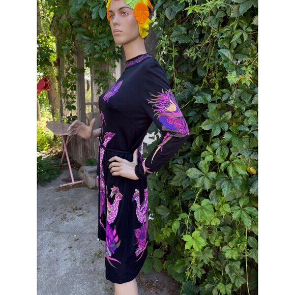 70s Psychedelic Phoenix Novelty Print Dress Long Sleeve Mock Neck Spaghetti Wais - Picture 6 of 10